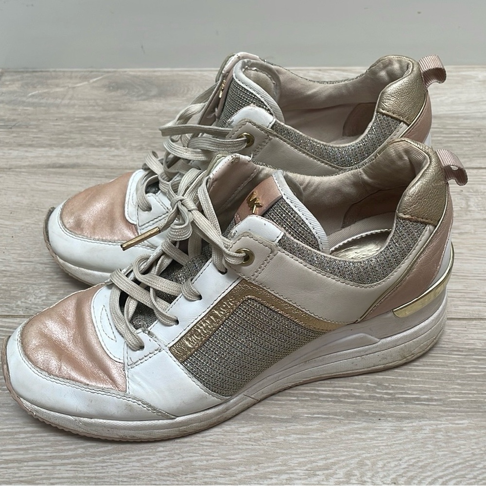 Michael Kors Platform Georgie White Pink Glitter Mesh Rose Gold High-Top Sz 8
